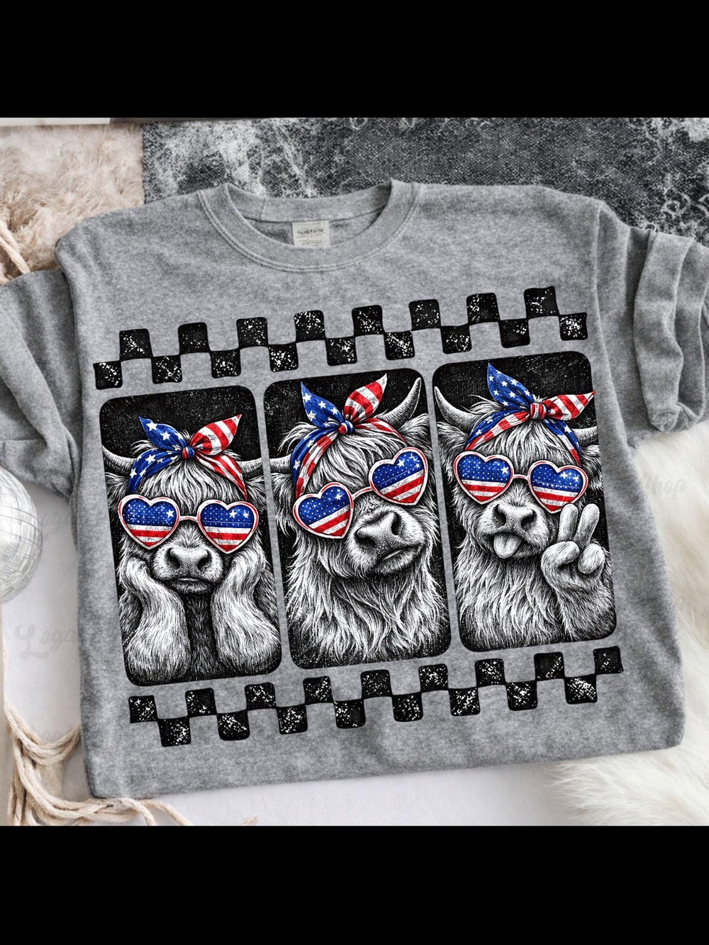 Gildan Gray Tee with Patriotic Heart Sunglasses and Bandana Llamas